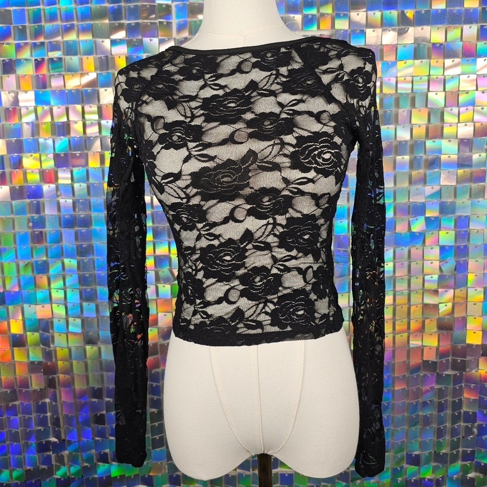 Lace Crop Top Women Medium Black Excellent Sheer‎ Open Back Long Sleeve